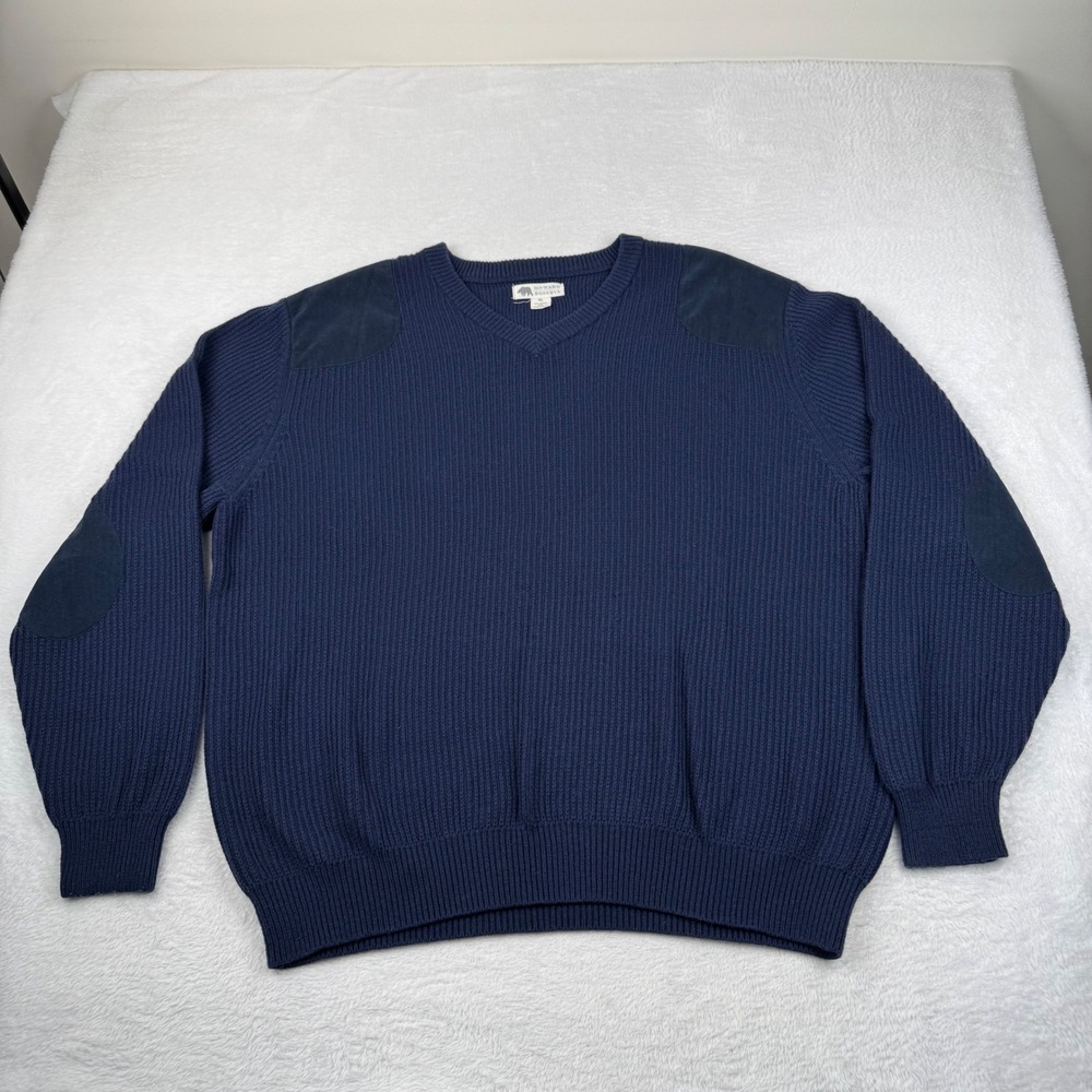 Onward Reserve V-Neck Sweater Mens XL Navy Blue 100% Merino Wool Elbow Patch